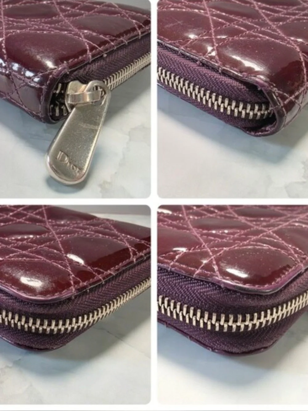 Christian Dior Burgundy Cannage Patent Leather Zip Around Wallet + COA